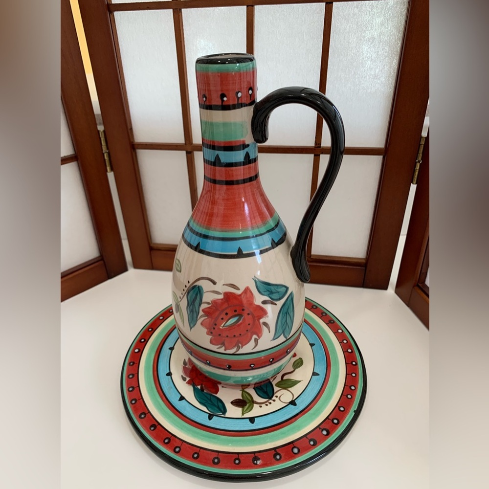 Oil/Vinegar Cruet Like New Pour Spout missing. Multi-color Hand Painted &Crafted